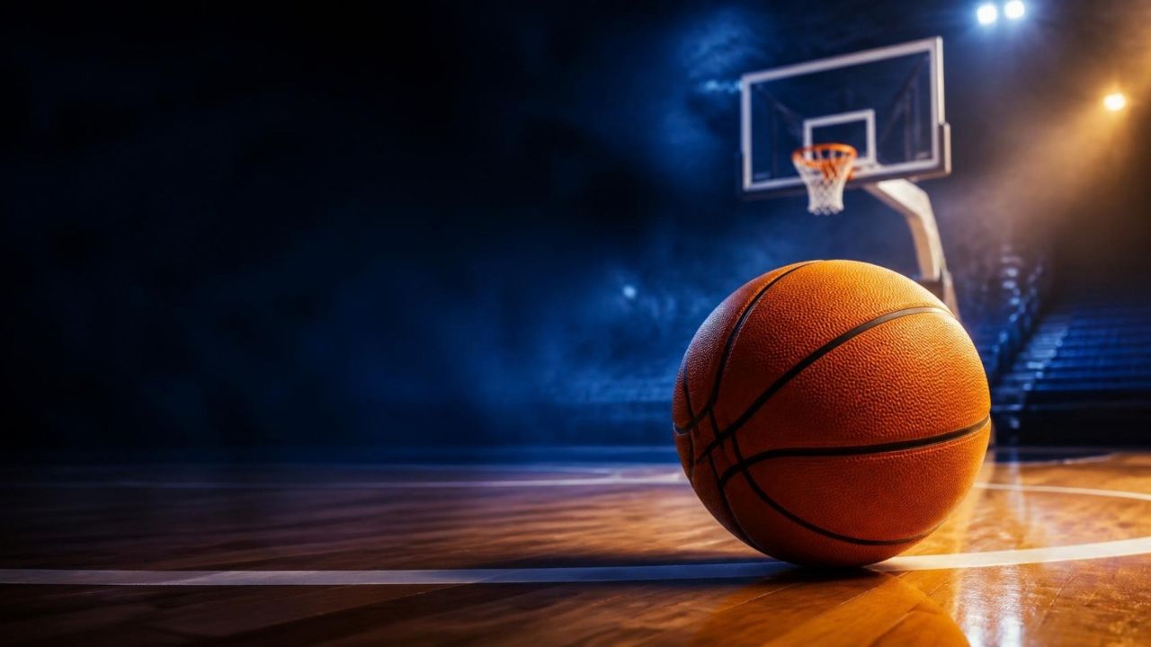 Balón de baloncesto sobre la cancha, con el aro al fondo