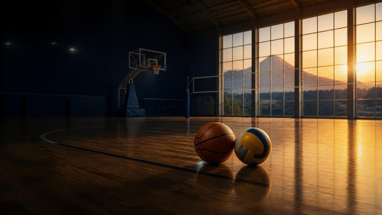 Gimnasio con balón de baloncesto y de voleibol, y el volcán al atardecer por las ventanas
