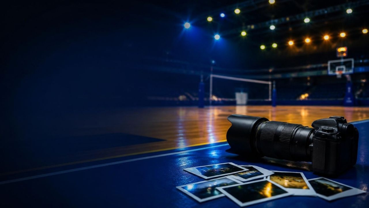 Cámara fotográfica y fotografías junto a la cancha iluminada