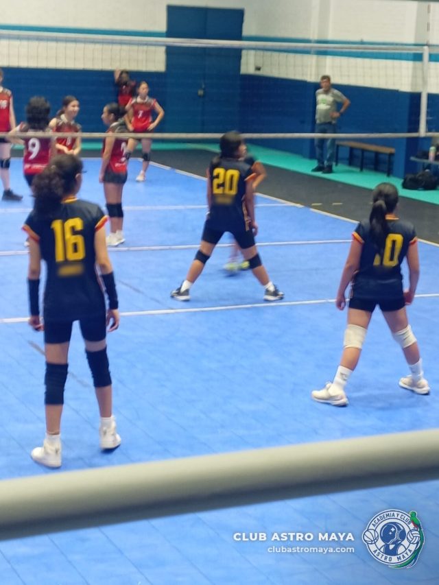 Jugadoras de voleibol del Club Astro Maya en posición de recepción durante un partido